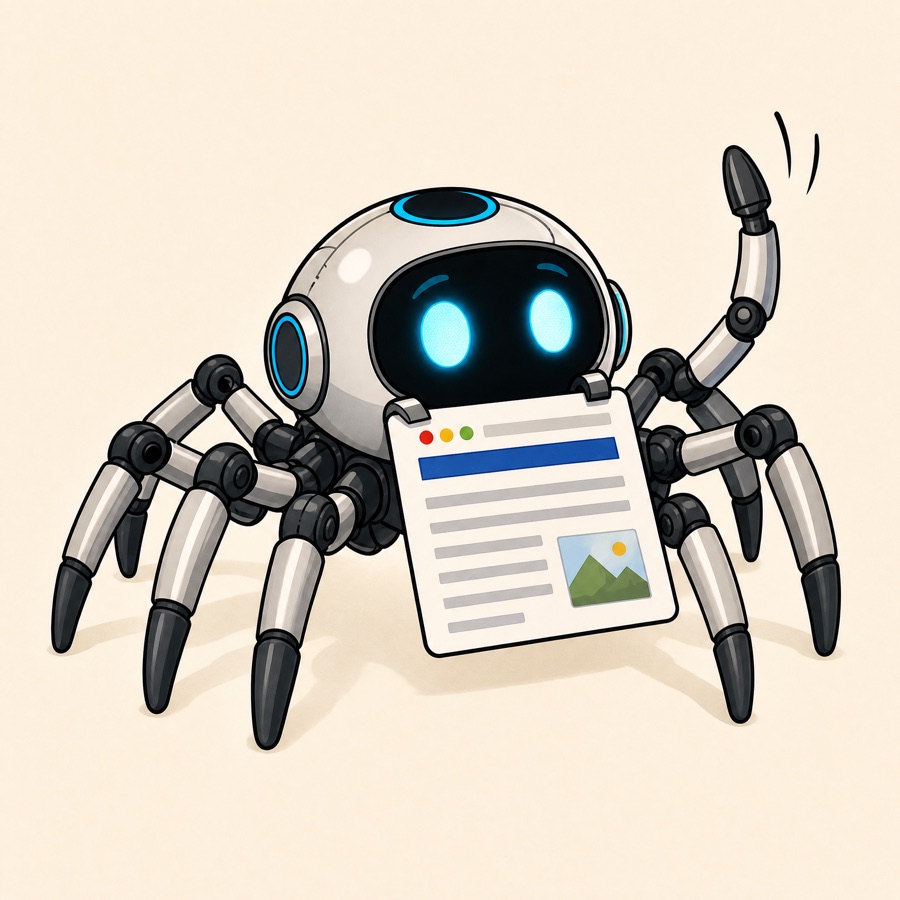 Tegnet lille robotedderkop med blå øjne, der bærer en webside