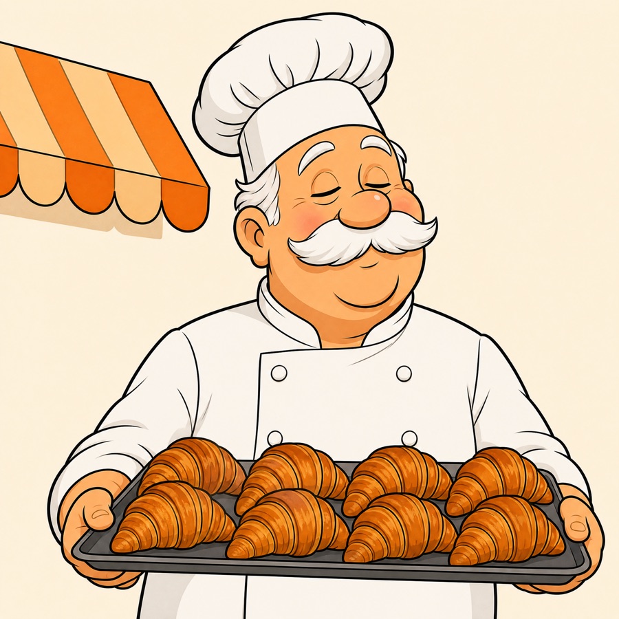 Tegnet ældre bager med hvidt overskæg, bagerhue og en bakke croissanter under en orange markise