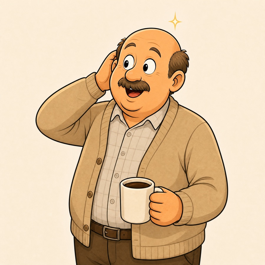 Tegnet skaldet mand med overskæg, beige cardigan og kaffekop