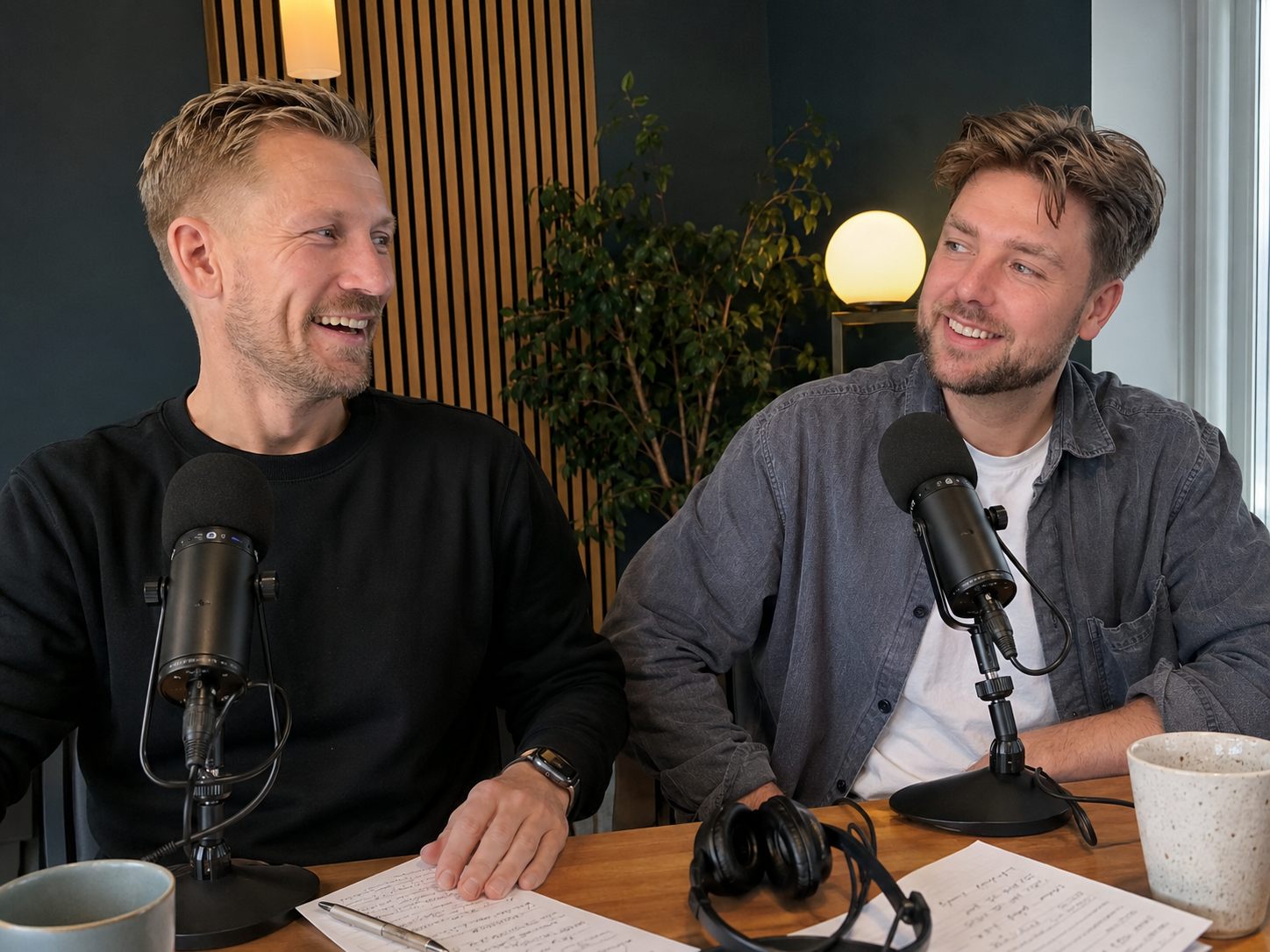 Værterne griner under en optagelse ved bordet med mikrofoner og noter